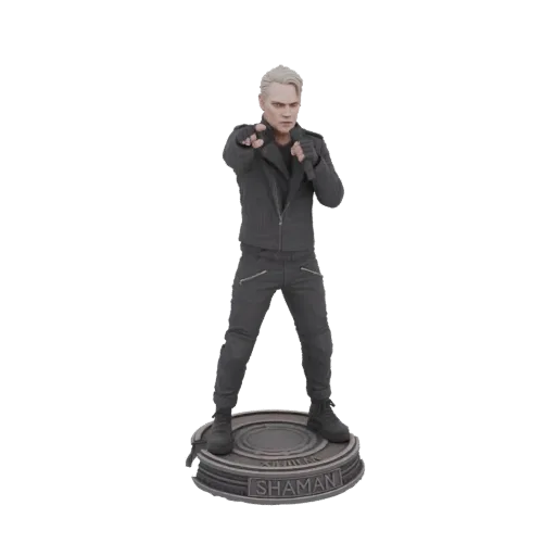 Modèle 3D d'un personnage nommé Chaman en posture de combat, portant une veste et un pantalon sombres, debout sur une base ci