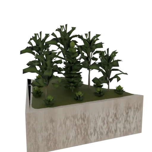 3D model preview of a diorama featuring lush green trees and plants on a textured cliff edge, against a white background.