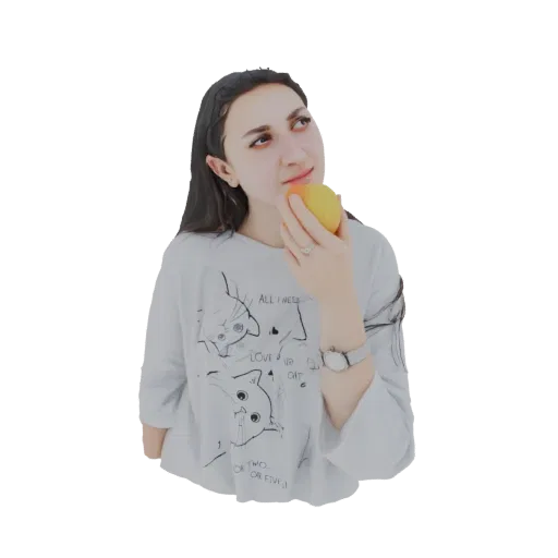 3D model of a young woman with long dark hair, holding a yellow apple and looking upwards thoughtfully, wearing a t-shirt wit