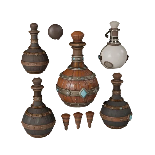 Royal Potion Bottle 3D model, three-quarter front view, Unreal Engine viewport, showing aged wood, form detail.