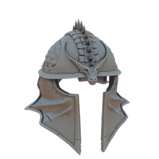 Modelo 3D de casco de guerrero gris con cabeza de dragón detallada al frente, texturas de escamas y carrilleras tipo ala.