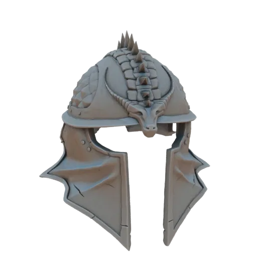 Modello 3D di un elmo da guerriero grigio con testa di drago dettagliata frontale, texture squamose e paraguancia alari.
