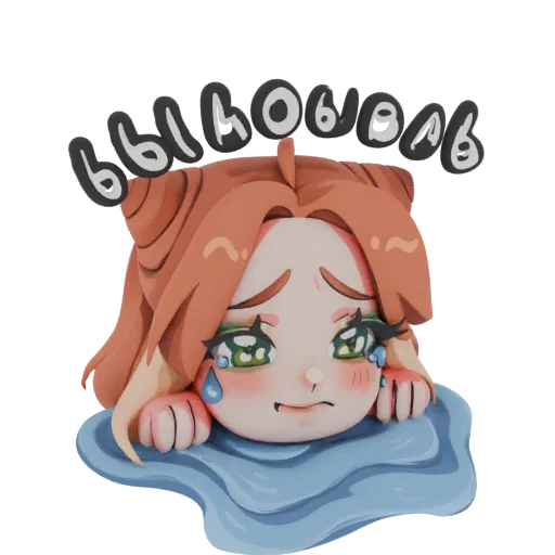 3D model of a crying anime girl with auburn hair and green eyes, resting her head on a blue cloth, with Russian text above.