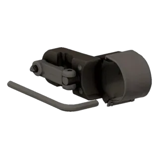 3D model of a dark, adjustable rifle scope mount with a visible clamping mechanism and an included Allen wrench, set against