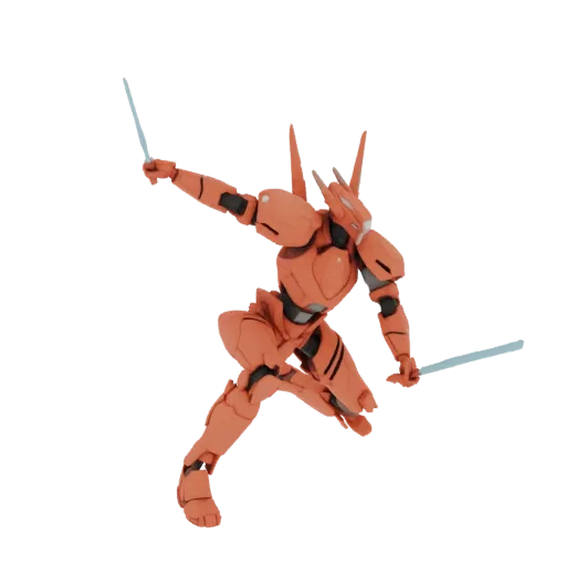 3D-Modell eines orangen Mecha-Kriegers in dynamischer Pose, der zwei leuchtende hellblaue Schwerter hält, vor weißem Hintergr