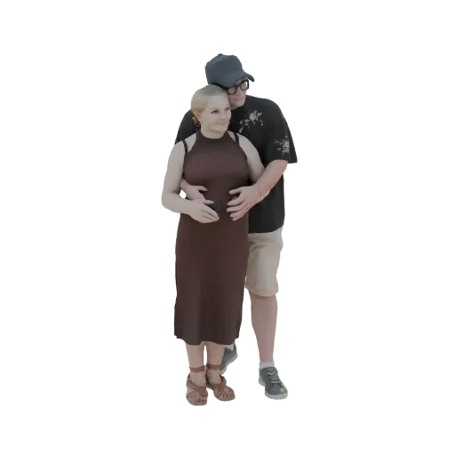 3D model of a couple embracing, the man wearing a cap and casual shirt, the woman in a brown dress.