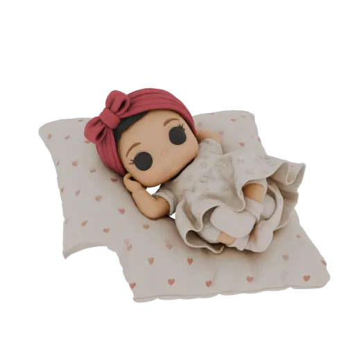 3D model render of a cute baby figurine wearing a red headband and lying on a pillow with heart patterns.