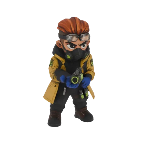 3D model of a chibi scientist character wearing a yellow coat and gas mask, holding a green grenade.