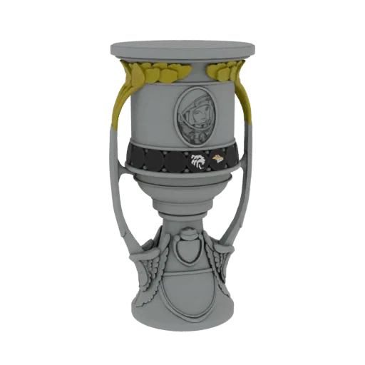 3D model of a silver and gold trophy featuring a bust of Yuri Gagarin, laurel leaves, and sculpted wings.
