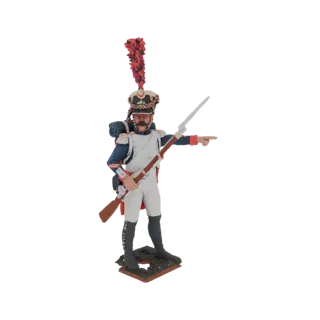 Modèle 3D d'un Grenadier de la Garde Impériale Française en uniforme, tenant un mousquet et pointant vers l'avant, sur une ba