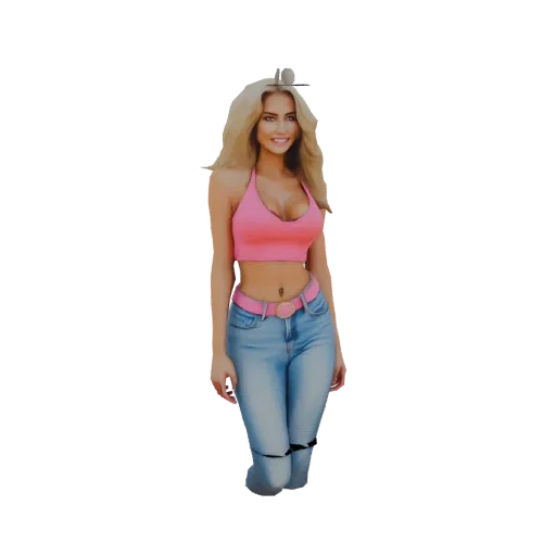Modelo 3D de mulher com cabelo loiro usando top rosa e jeans rasgados, em pé com um leve sorriso.