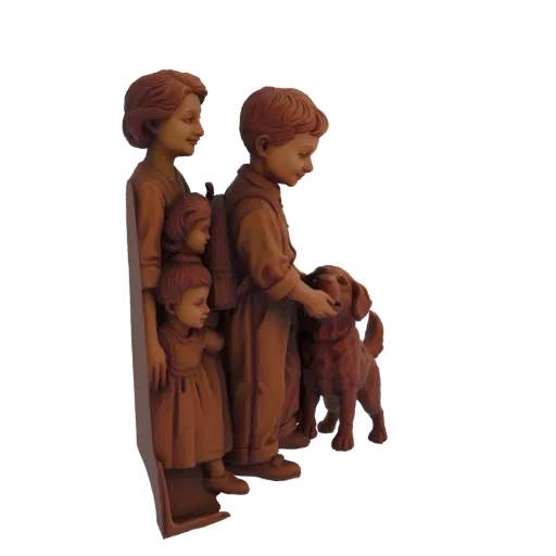 3D model of a wall relief sculpture depicting a mother, two children, and a dog in a warm, familial embrace.