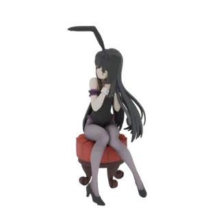 3D model of a bunny girl character with long black hair, wearing a black leotard and purple tights, sitting on a red stool.