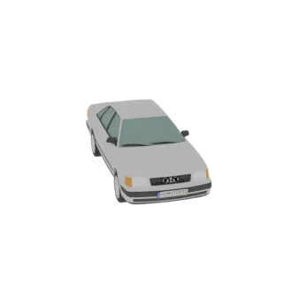 Um modelo 3D de um clássico Audi 100 Sedan cinza claro, visto de um ângulo frontal esquerdo ligeiramente elevado.