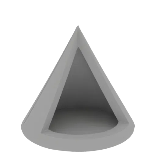 A 3D render of a hollow cone with a smooth, matte gray surface, showcasing its sharp geometric form and interior cavity.