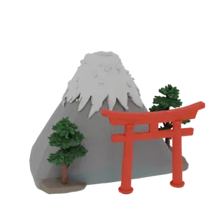 3D model of Japanese landscape: Mount Fuji with snow, red Torii gate, and bonsai trees in the foreground