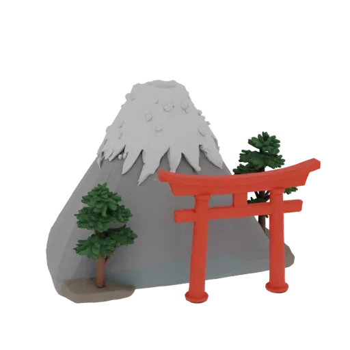 Modelo 3D de paisaje japonés: Monte Fuji con nieve, puerta Torii roja y árboles bonsái en primer plano