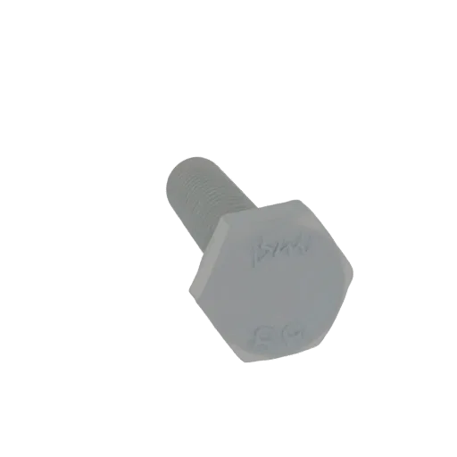 A 3D render of a light gray hex bolt with visible threads and embossed markings on its hexagonal head, isolated on a white ba