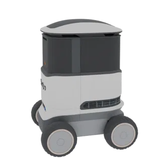 Modelo 3D robot repartidor minimalista, cuerpo blanco, detalles grises, sobre cuatro ruedas.