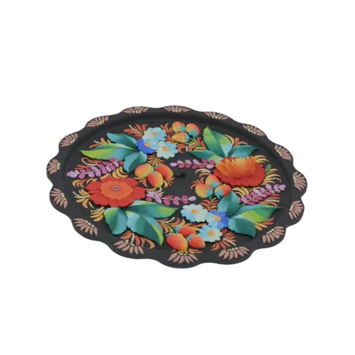3D model of an oval tray with a dark base and a vibrant, embossed floral pattern in red, orange, blue, and green.