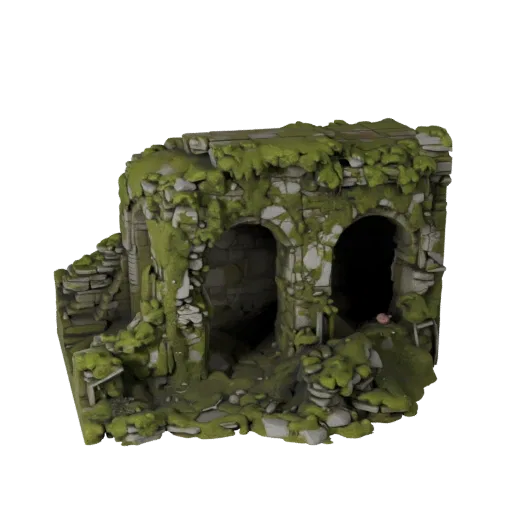Moss Covered Ruin Wall High Poly 3D model, close-up cinematic environment render, showing aged stone, built remnants.