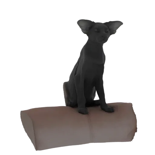 3D model of a black Sphinx cat statue with large ears, sitting calmly on a brown cushion, with its eyes closed.