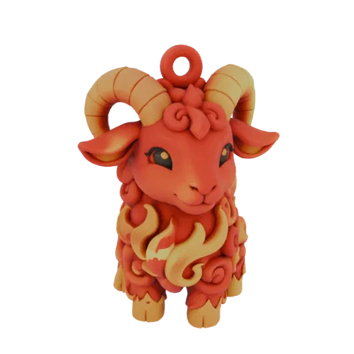 Modelo 3D de carneiro estilizado com texturas flamejantes vermelho e laranja, chifres enrolados e laço para pendurar.