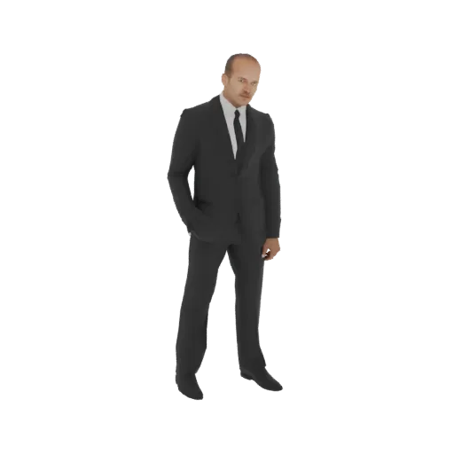 Modelo 3D de um homem de terno preto, em pé com a mão esquerda no bolso e olhando para o espectador.