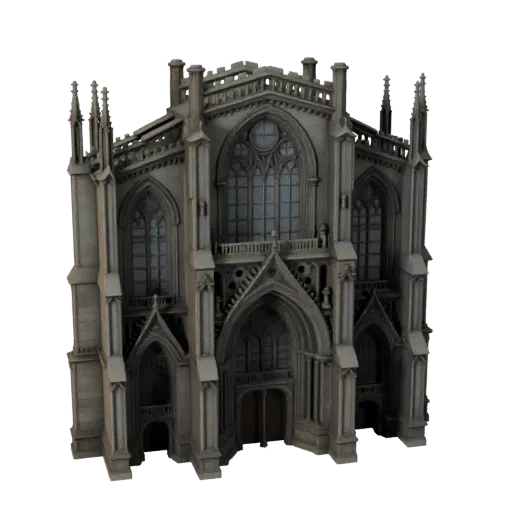 Gothic Facade stylized 3D model, isometric stylized game environment view, showing building facade materials and architectura