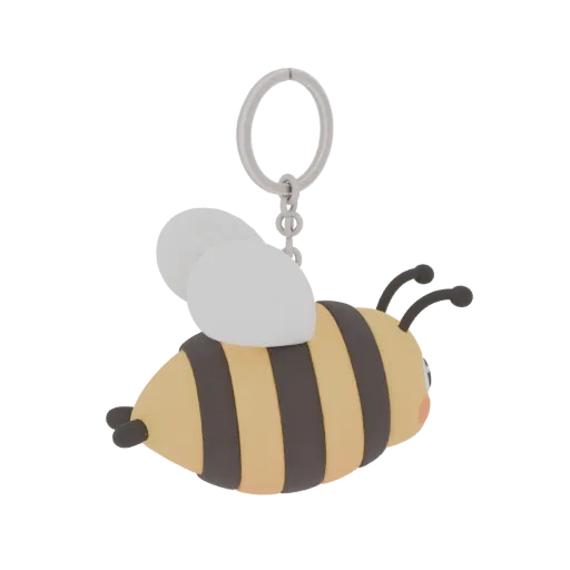 Modèle 3D d'abeille cartoon avec corps jaune et noir, ailes blanches et visage mignon.