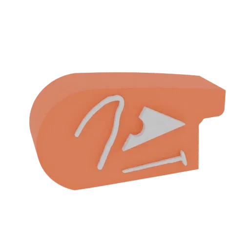A 3D render of a bright orange whistle with white embossed details, presented on a white background.
