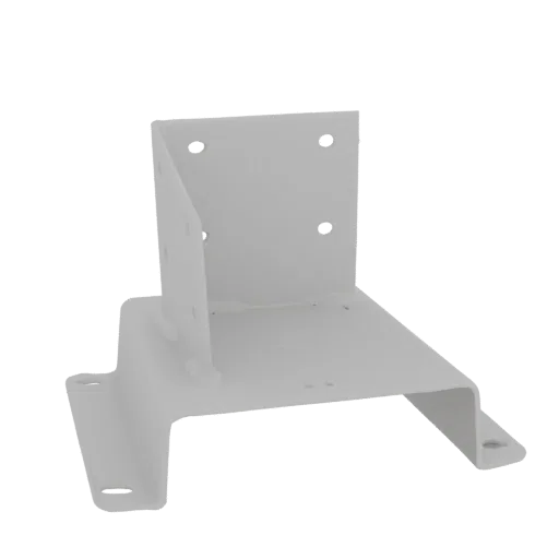 Ein 3D-Modell-Rendering eines weißen Metall-Winkelverbinders mit mehreren Befestigungslöchern.