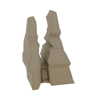 A 3D render of an abstract geometric rock formation with sharp angles and two distinct sections, presented against a black ba