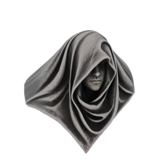 Render 3D do busto de uma misteriosa figura encapuzada, com dobras de tecido detalhadas e um rosto sereno parcialmente obscur