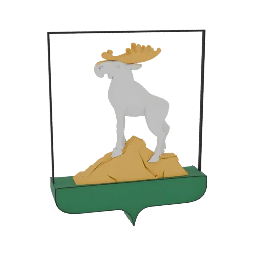 3D model of the Coat of Arms of Nizhnie Sergi, featuring a white moose with golden antlers on a golden mountain, on a green base, within a black frame.