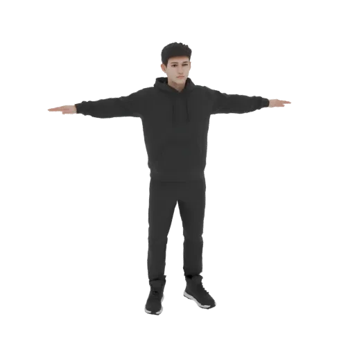 3D model of a young man in a black hoodie and pants, standing in a T-pose.