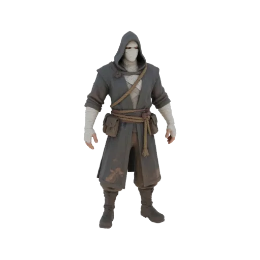 3D model of a mysterious hooded wanderer, dressed in a dark robe, bandages, and a belt with pouches, standing on a white back
