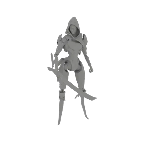 3D model of a cybernetic assassin with a hood, advanced armor, and two swords held in a combat stance.
