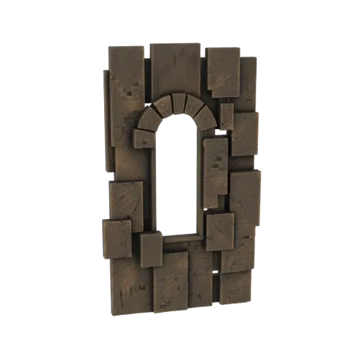 3D model of a weathered gothic arch window frame with irregular stone-like blocks