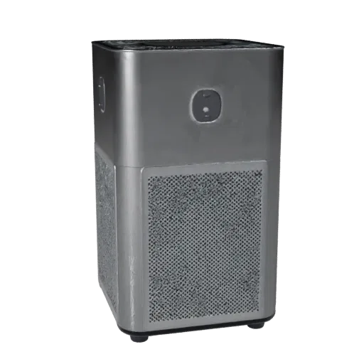 Stainless Air Purifier Product Viz 3D model, home interior, three-quarter studio product render, plastic detail.