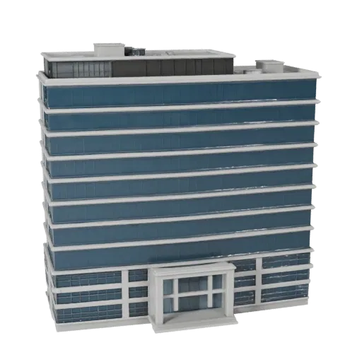 Corporate Headquarters printable STL 3D model, isometric display view, showing commercial office building materials and archi