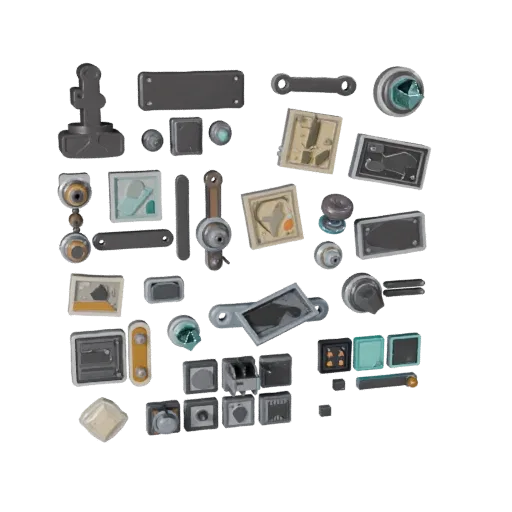 Workshop Street Clutter Stylized 3D model, stylized isometric render, showing paper-like cards, small readable forms.