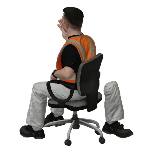 3D model of a man in a high-visibility vest sitting on an office chair, viewed from the back.