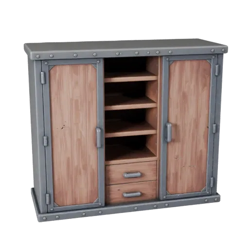 Industrial Wardrobe Stylized 3D model, bedroom, stylized isometric render, painted wood detail.