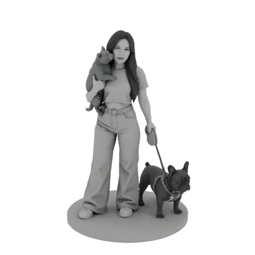 3D model render of a woman holding a cat, standing with a French bulldog on a circular base.