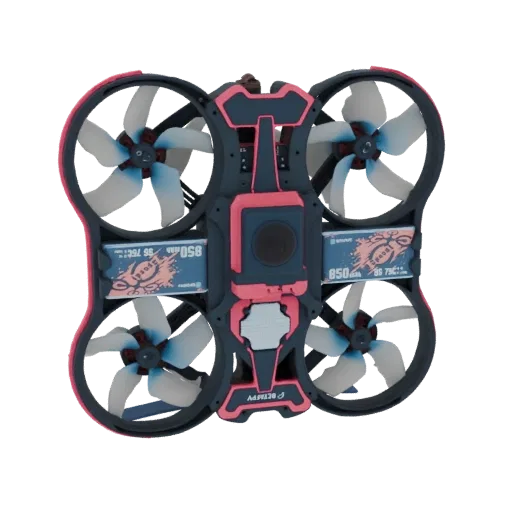 Vue de dessus d'un drone FPV cinématique gris foncé et rose avec des hélices bleues, prêt pour l'impression 3D et les jeux.