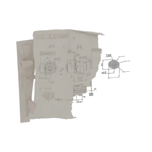 A 3D model of a torn blueprint with detailed technical drawings and schematics, showing ripped edges and aged paper texture.
