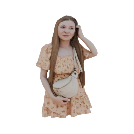 3D model of a young woman with long brown hair, wearing a floral print dress and holding a cream crossbody bag.