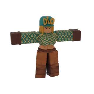 Modello 3D di Diego Brando in stile ispirato a Roblox, indossa una camicia a fantasia verde acqua e gialla, pantaloni marroni