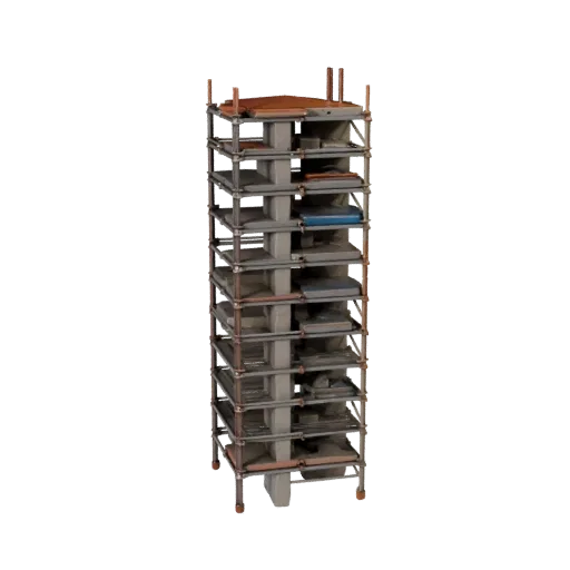 Heavy Duty Scaffold Tower Low Poly 3D model, game viewport three-quarter view, showing concrete, site-ready silhouettes.